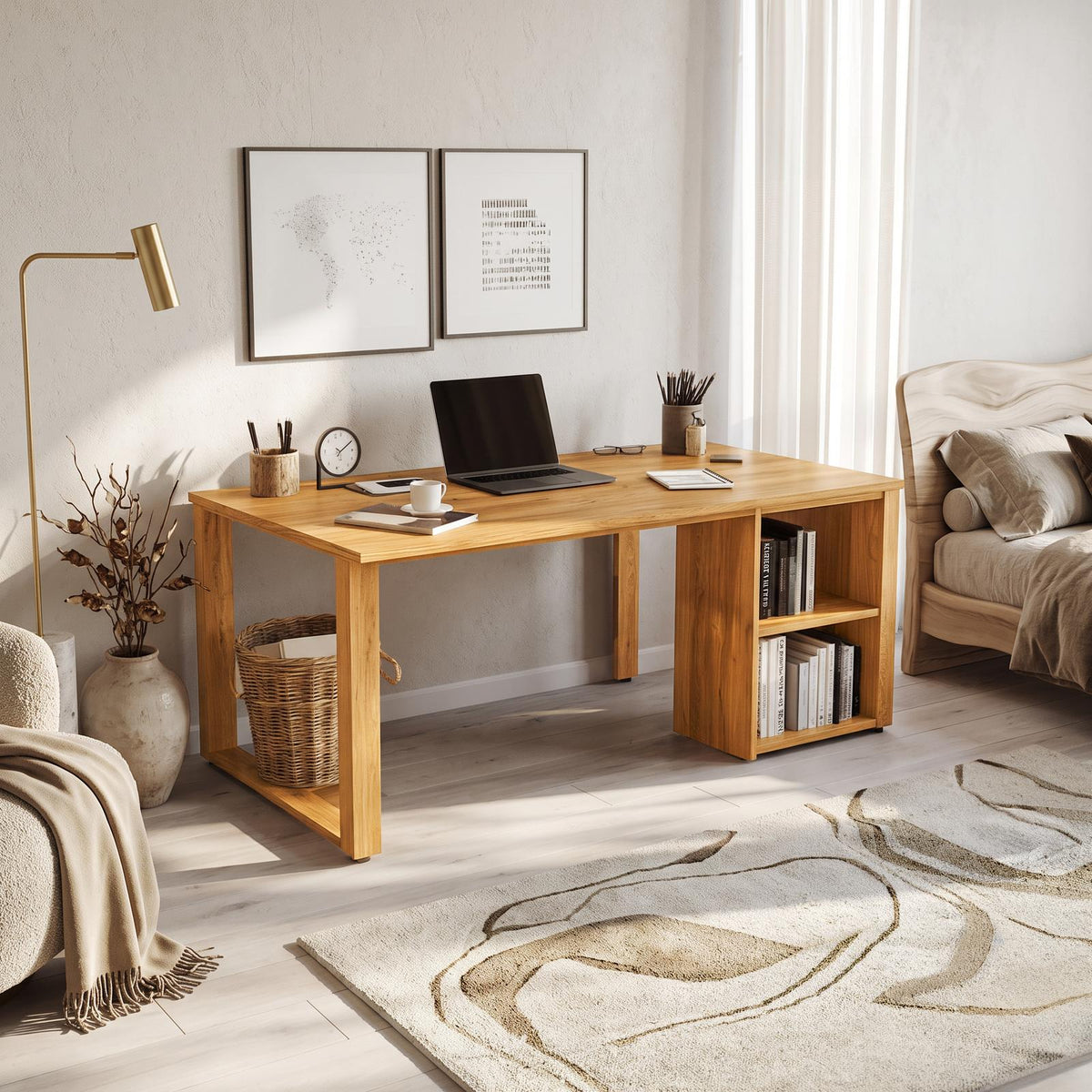 Scandinavian Minimalist Work Desk, Solid Wood Writing Computer Table for Home Office, Sleek Bedroom Study Desk