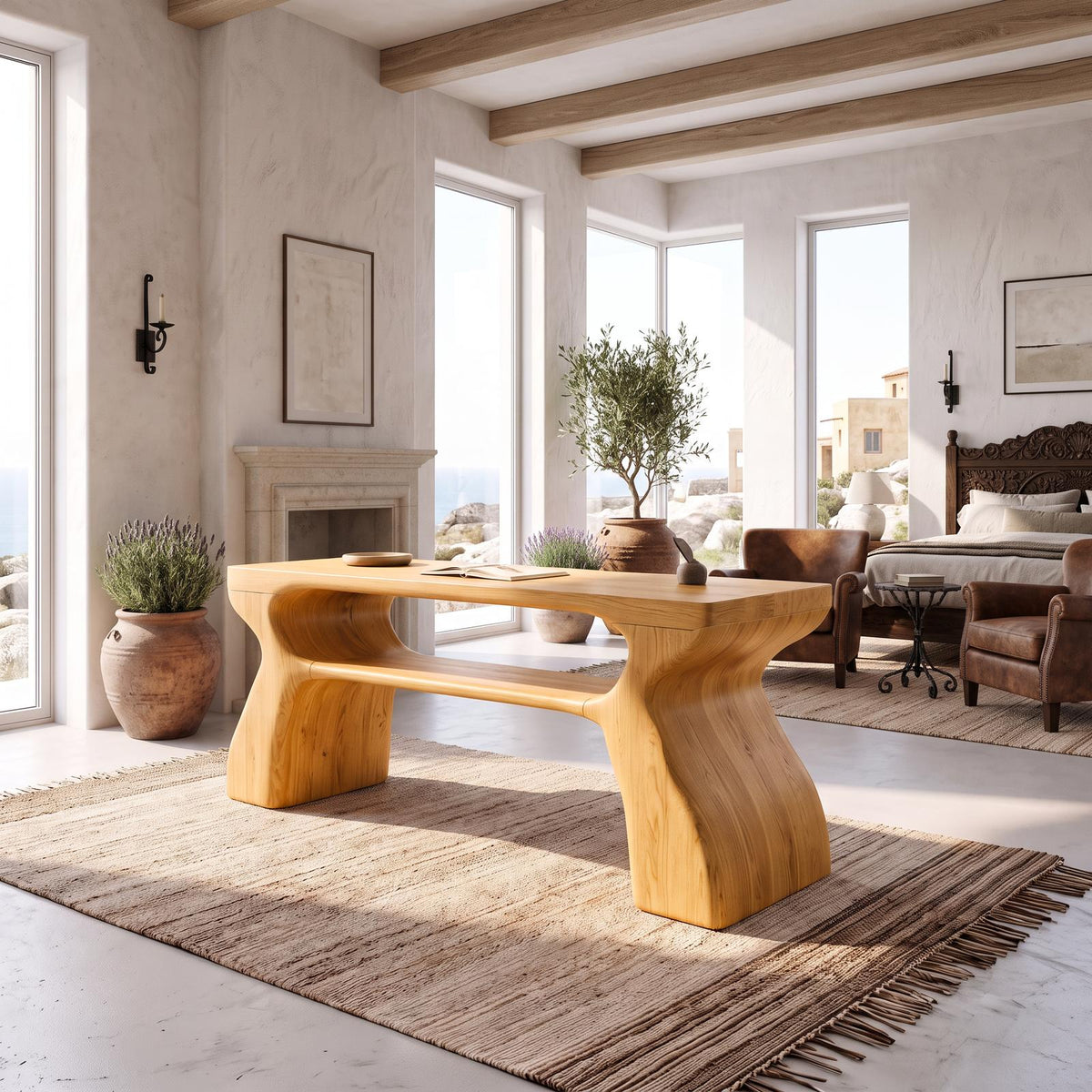 Mid Century Office Desk With Symmetrical Arch Legs For Home Office