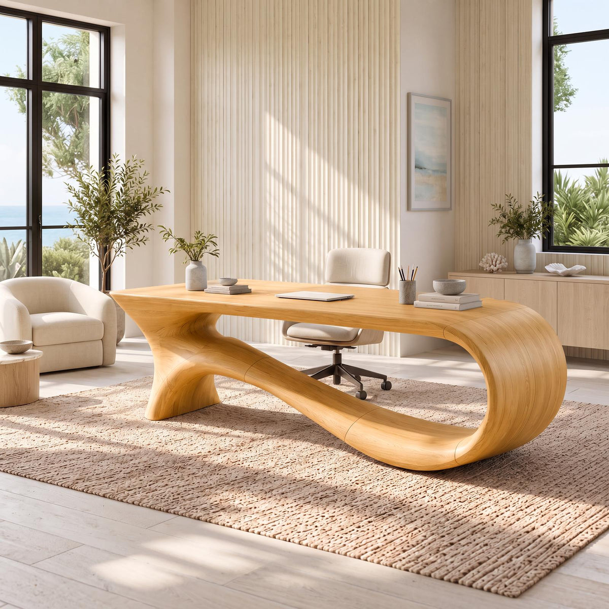 Contemporary Office Desk With Asymmetrical Curved Legs For Workspace