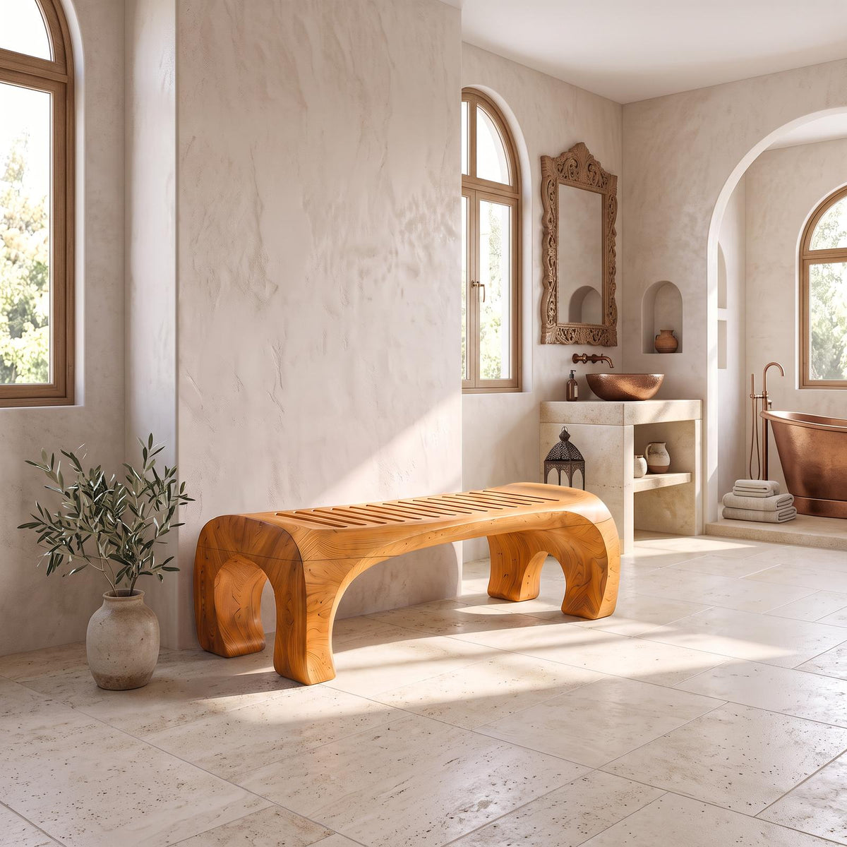 Japandi Bath Bench With Slatted Seat And Balanced Minimal Form
