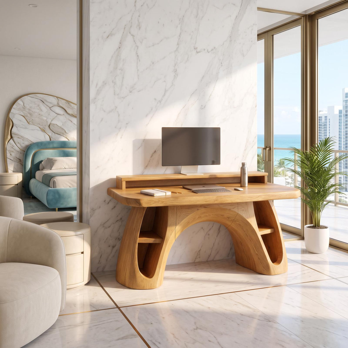 Contemporary Office Desk With Raised Monitor Platform For Workspace