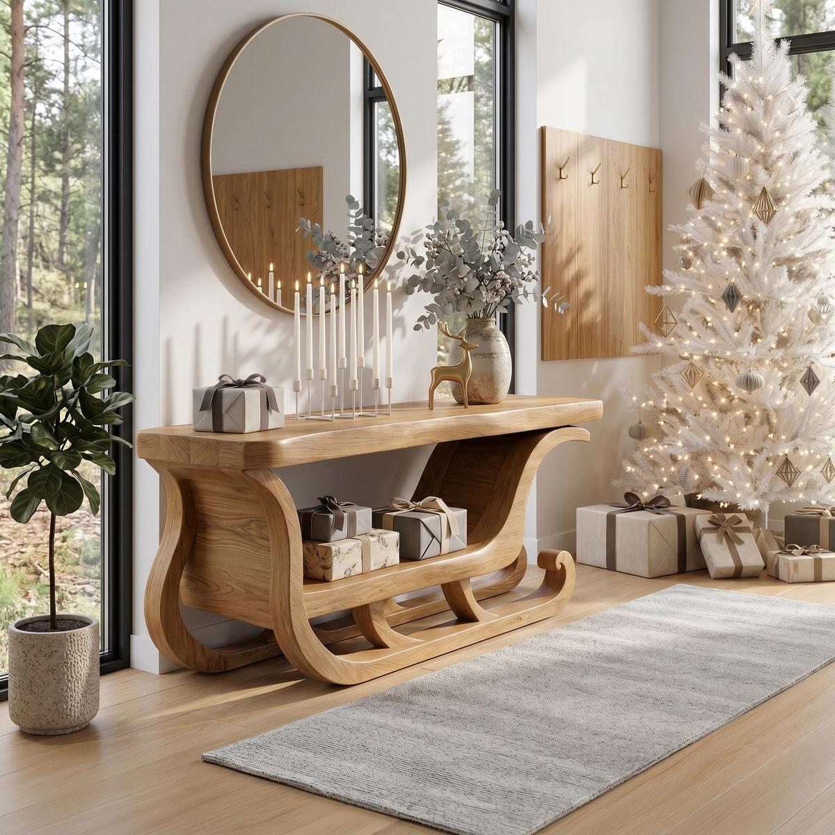 Organic Modern Console Table With Christmas Sleigh Inspired Design For Entryway And Living Room SINLSACS681