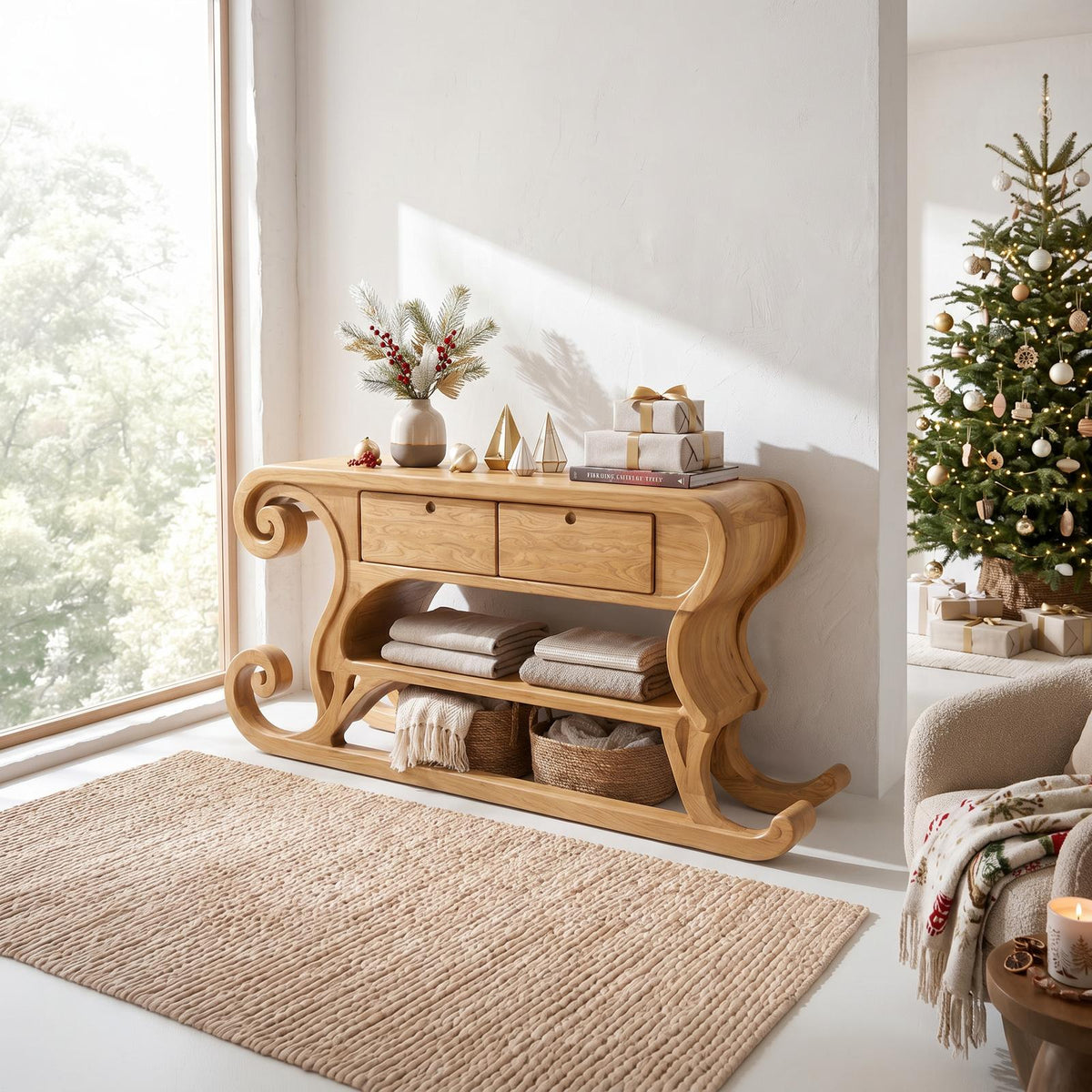 Rustic Christmas Console Table With Sleigh Inspired Scroll Design For Entryway SINLSACS684