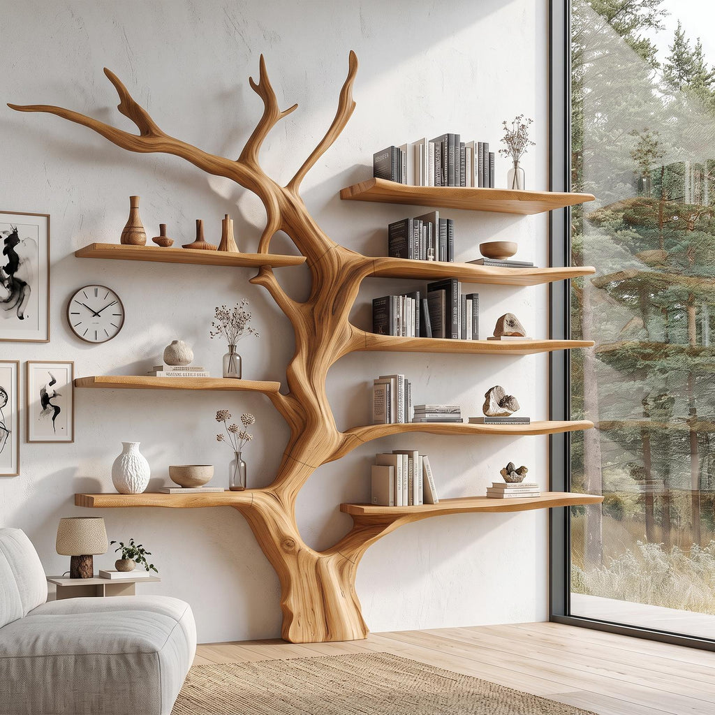 Sculptural Tree Bookcase Artistic Wooden Wall Shelf