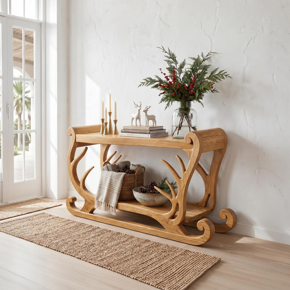 Natural Christmas Console Table With Reindeer Sleigh Design For Entryway SINLSACS686