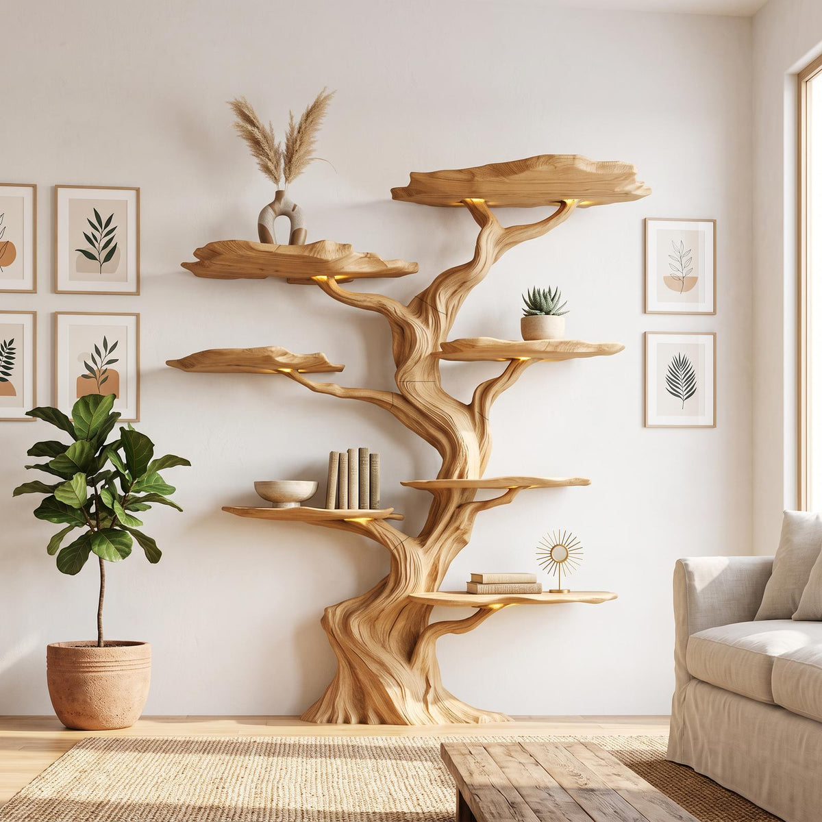 Modern Tree Bookshelf Wood Handmade Natural Gift