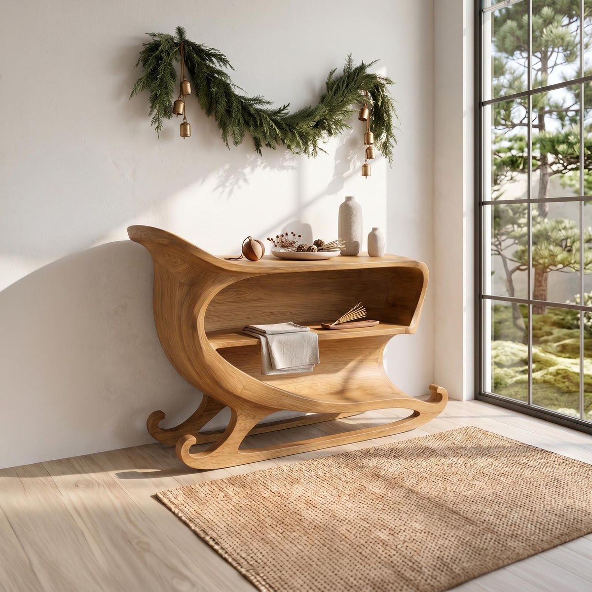 Farmhouse Christmas Console Table With Sleigh Inspired Scroll Design For Entryway And Living Room SINLSACS687