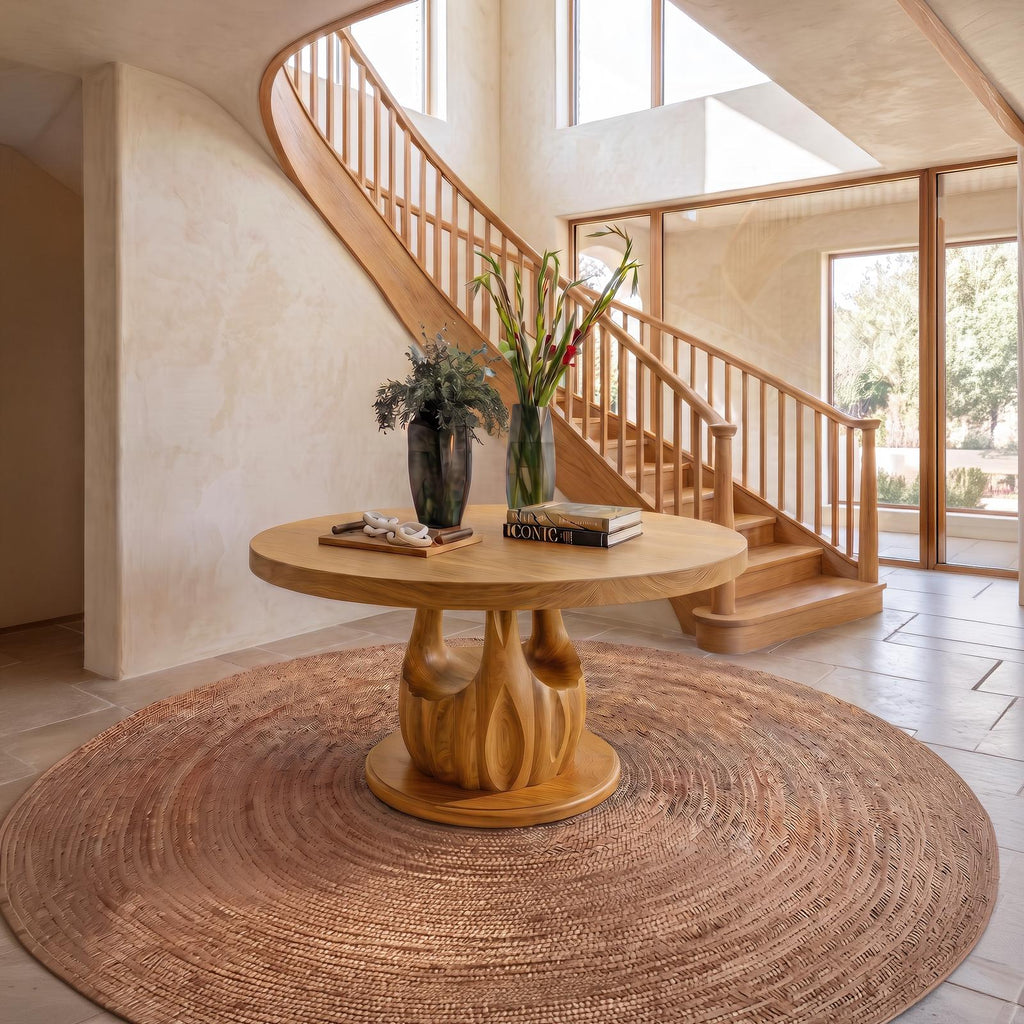 Modern Round Entryway Foyer Table, Solid Wood Unique Sculptural Base Accent Table for Hallway