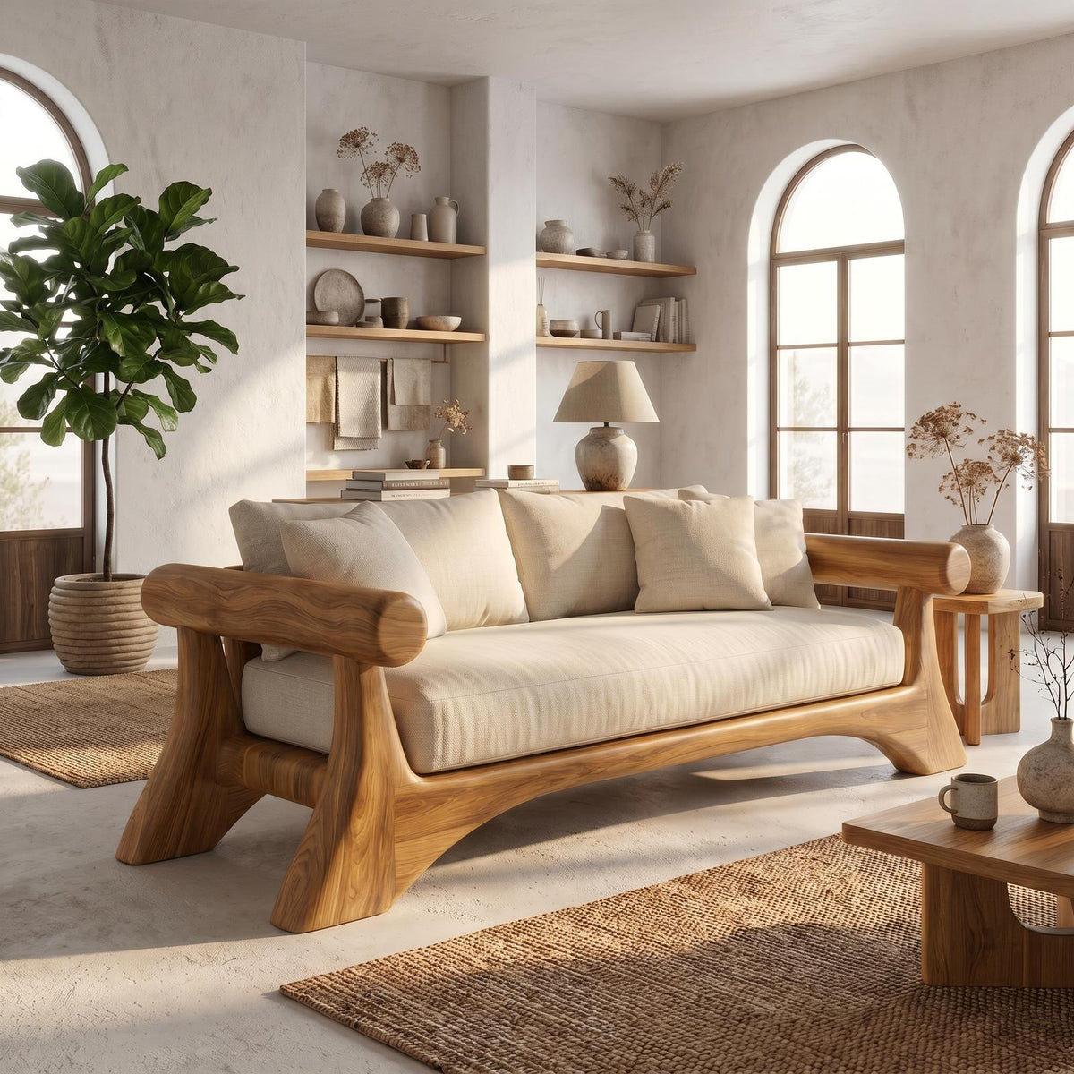 Minimalist Sofa Frame With Curved Solid Wood Arms For Living Room
