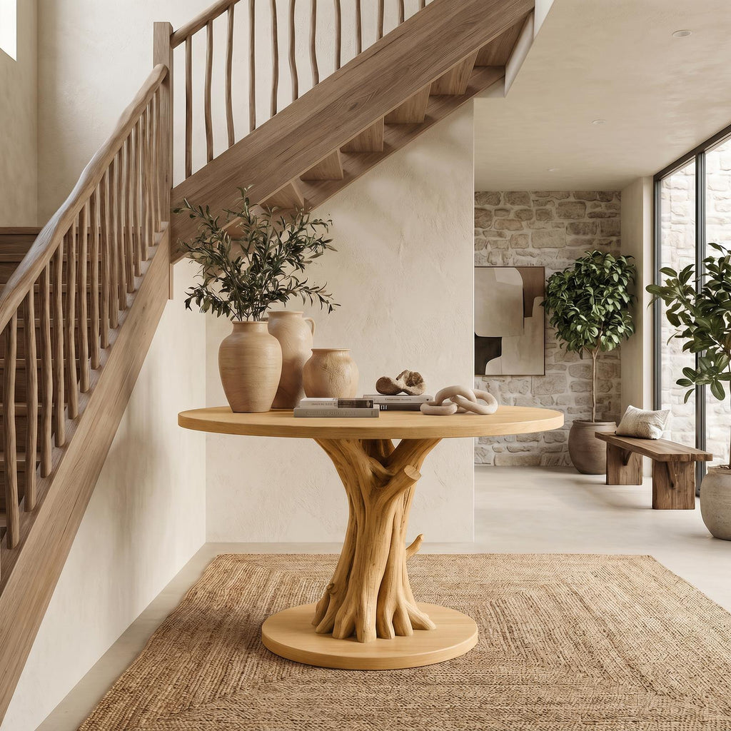 Organic Tree Base Round Entryway Table, Solid Wood Pedestal Foyer Table for Living Room, Hallway