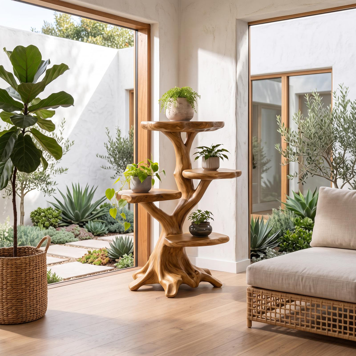 Organic Multi Tier Plant Stand With Sculptural Tree Design For Living Room And Sunroom SINLSAPT025