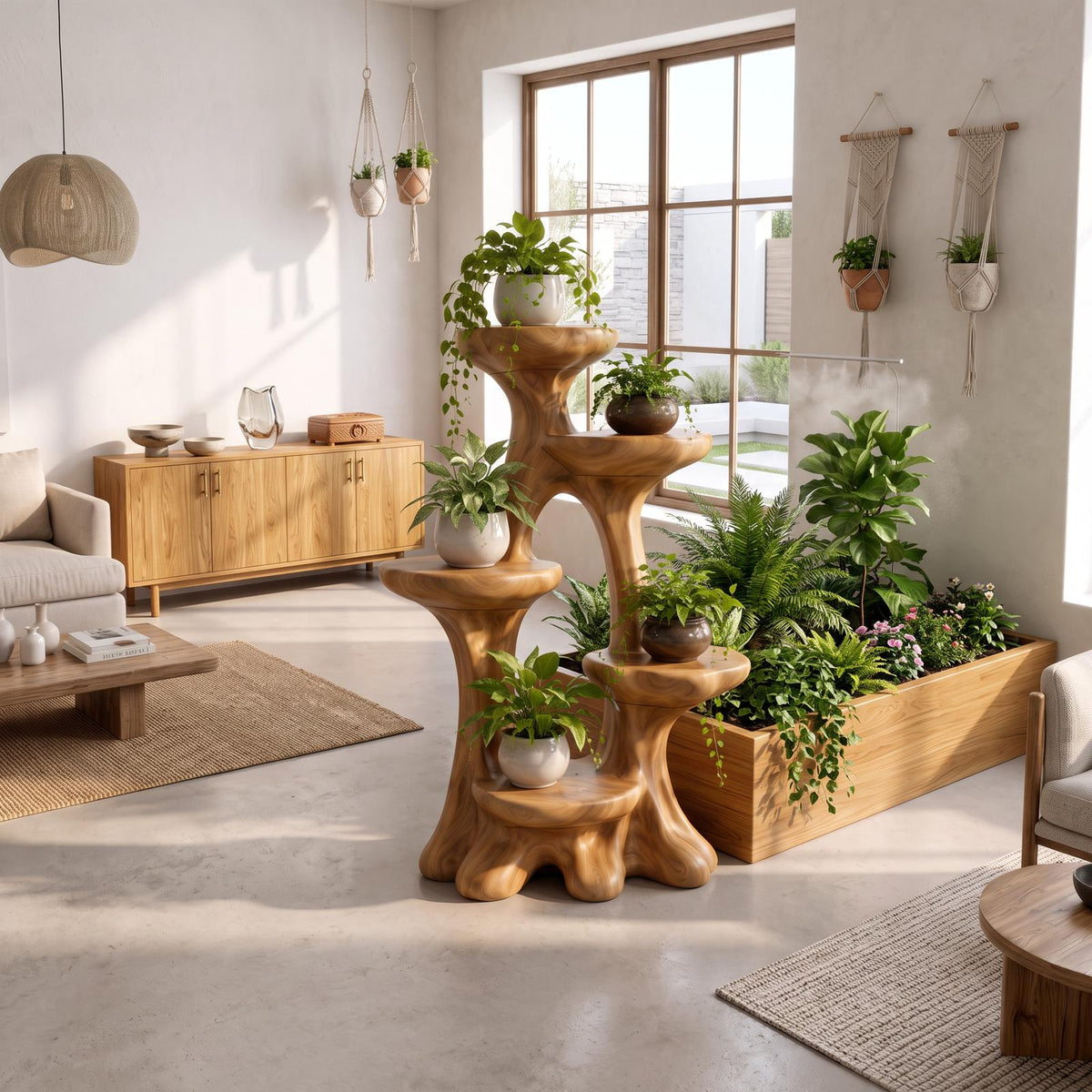 Organic Tree Plant Stand With Sculptural Tiered Design For Living Room And Sunroom SINLKIBRV334