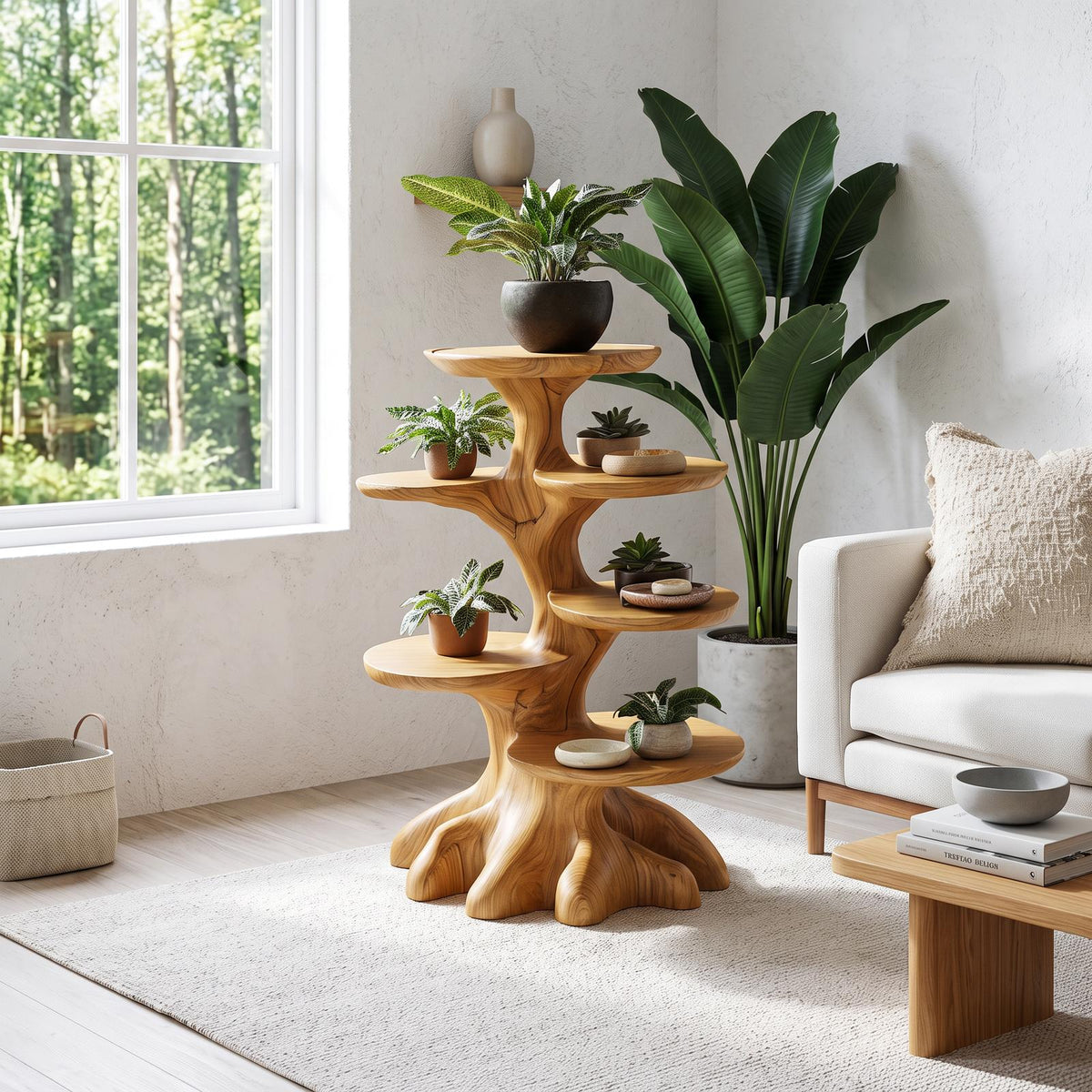 Rustic Indoor Plant Stand With Tree Stump Form For Sunroom And Patio SINLSAPT031