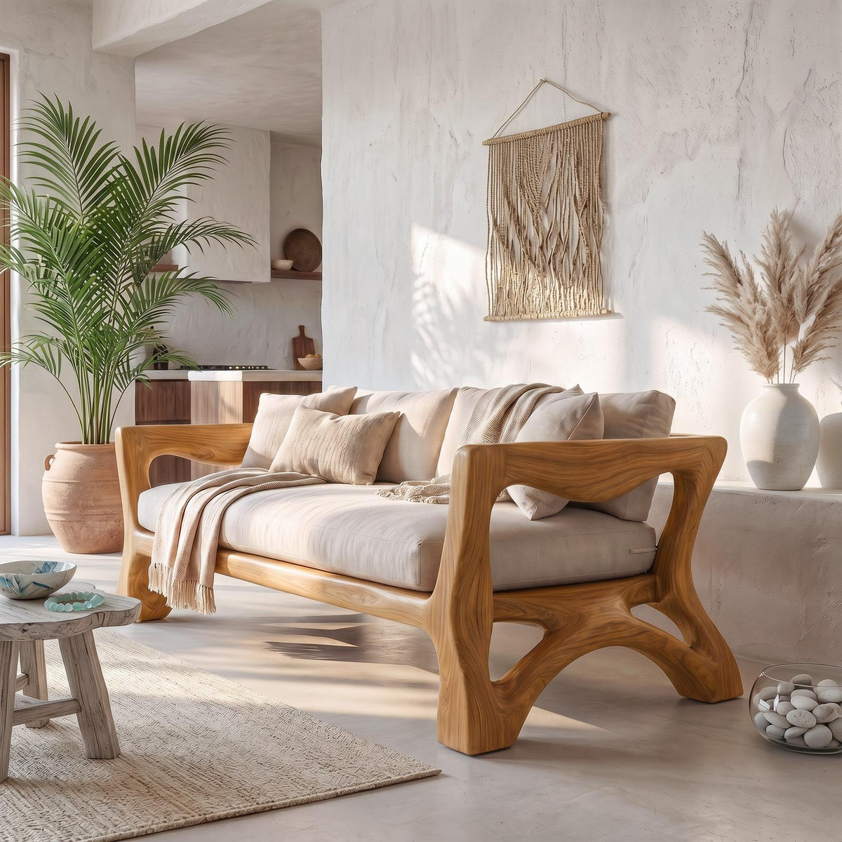 Sculptural Sofa Frame With Solid Wood Armrests For Living Room