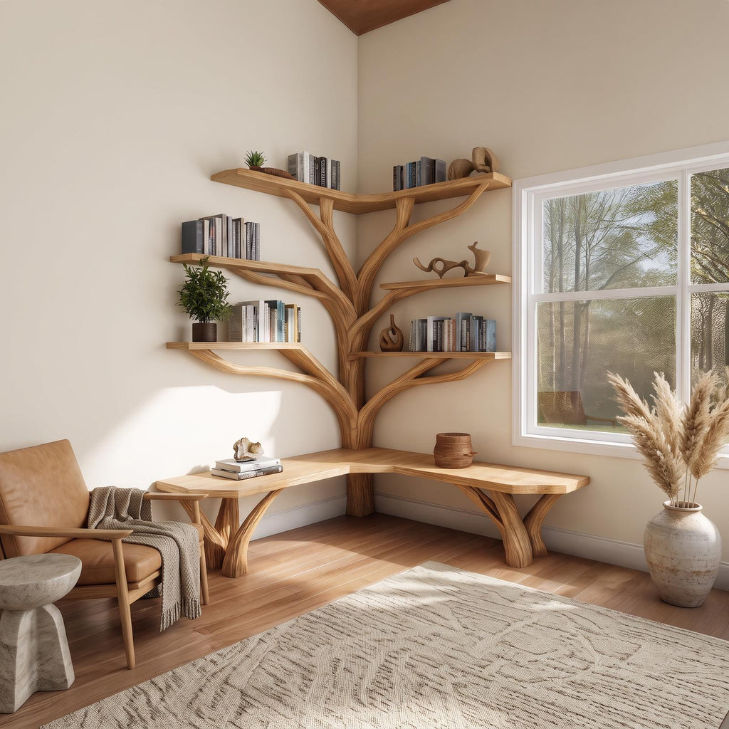 Rustic Corner Tree Shelf Reading Nook SINLSATB228