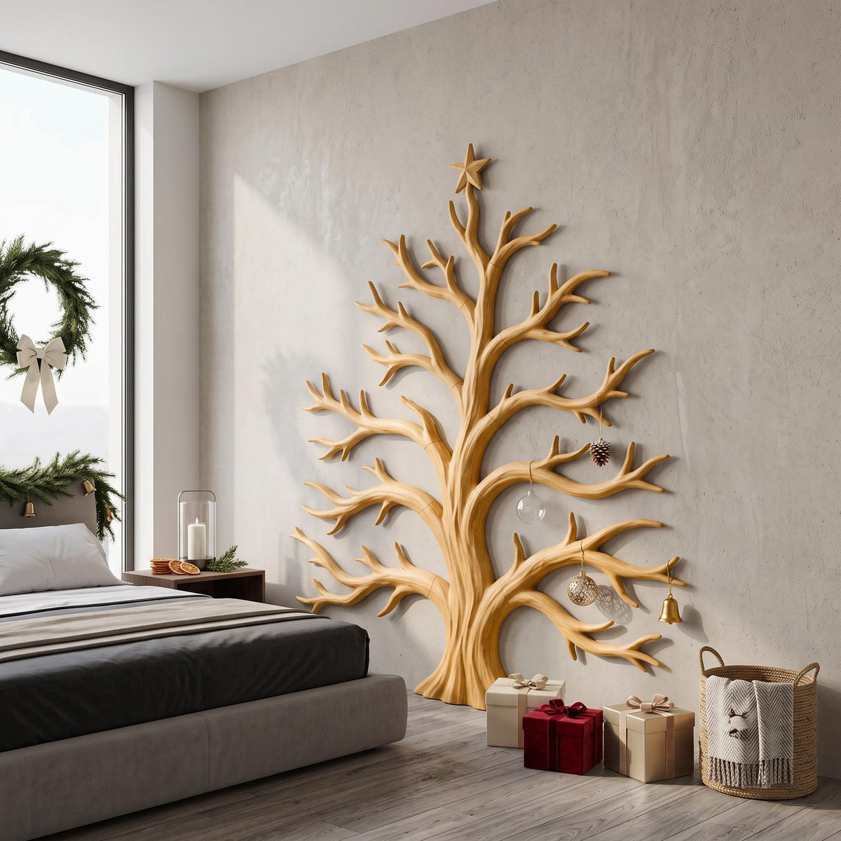 Rustic Christmas Wooden Wall Sculpture With Bare Branch Tree Design For Living Room SINLSAWA139