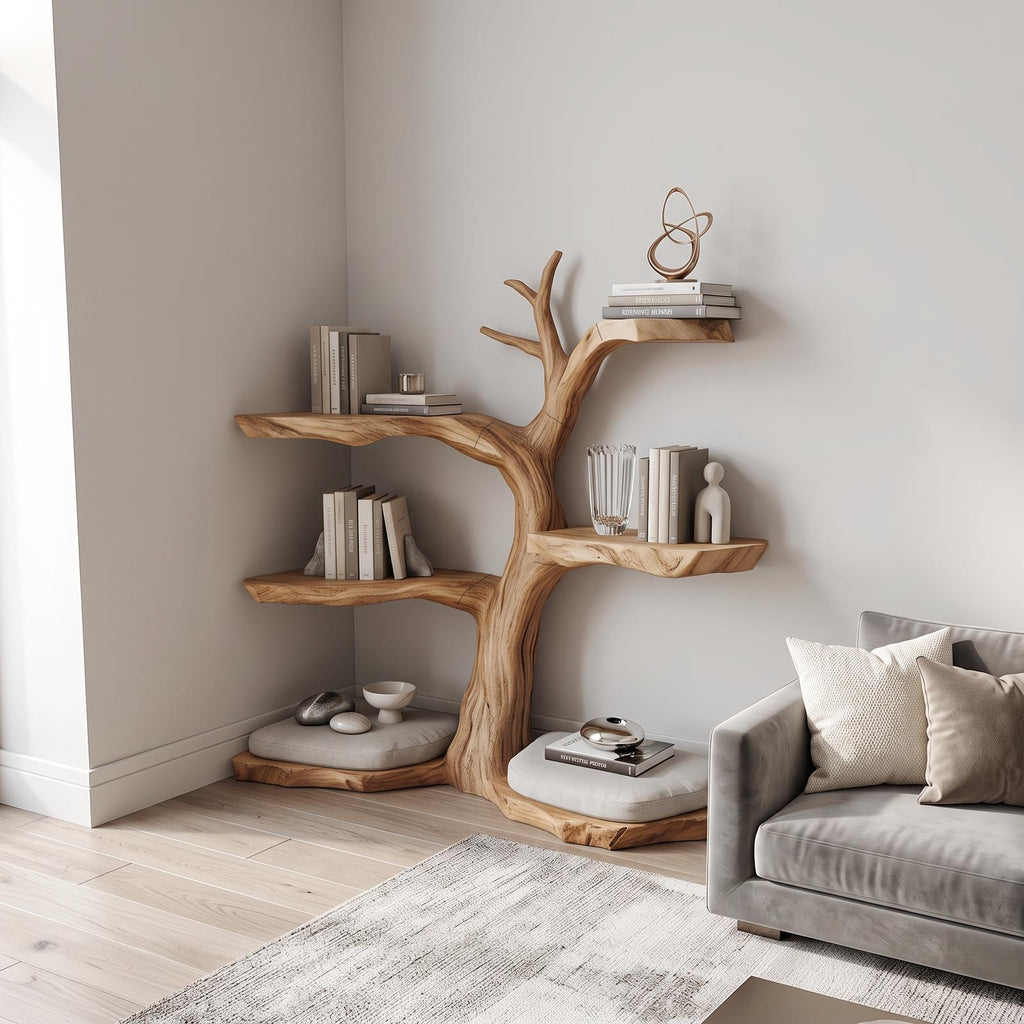 Rustic Corner Tree Bookshelf, Solid Wood Kids Bedroom Wall Hanging Bookcase & Toy Storage Organizer Shelf