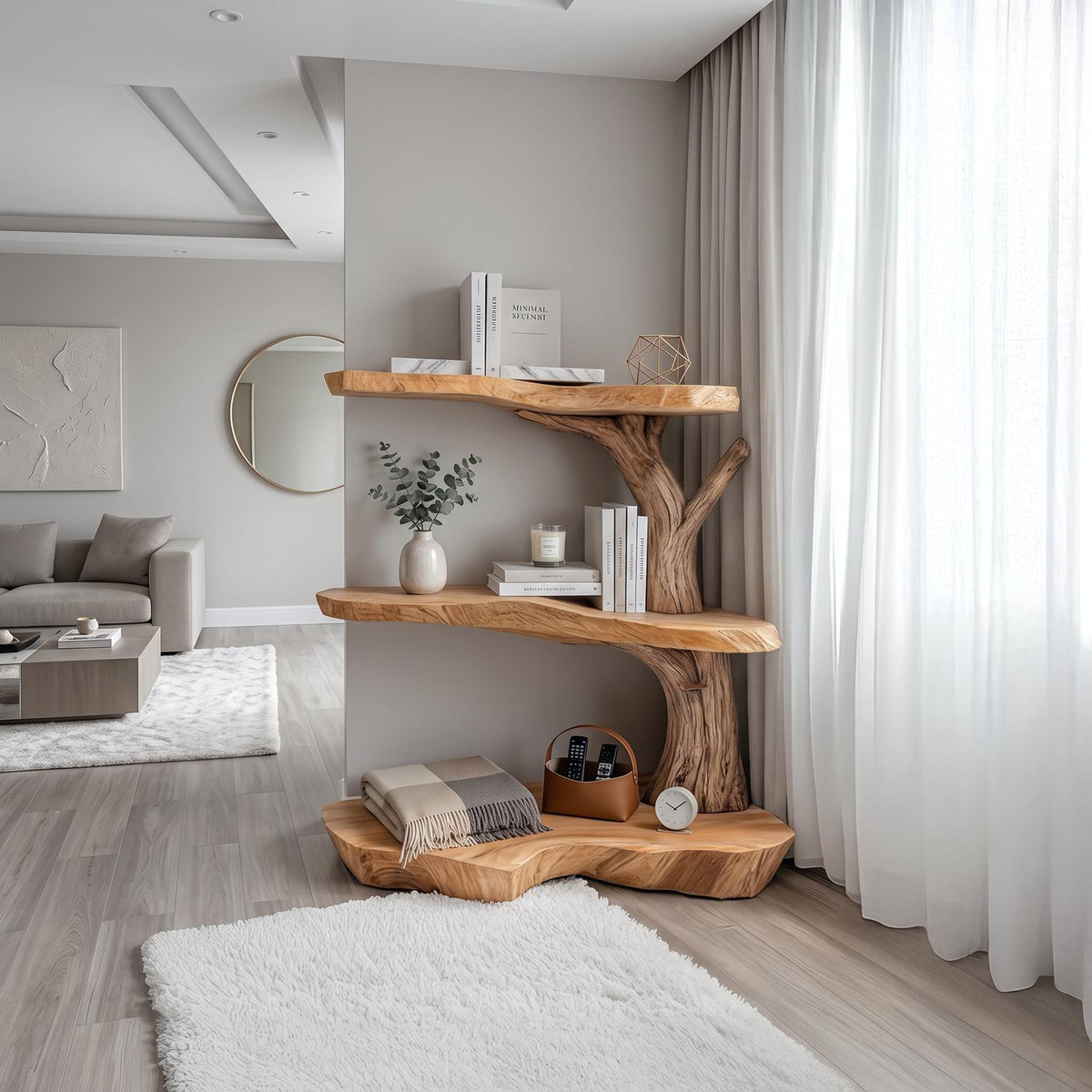 Spry Interior Rustic Corner Tree Bookshelf, Solid Wood Kids Bedroom Wall Mounted Bookcase & Floating Toy Storage Organizer Shelf - SINLSATB312