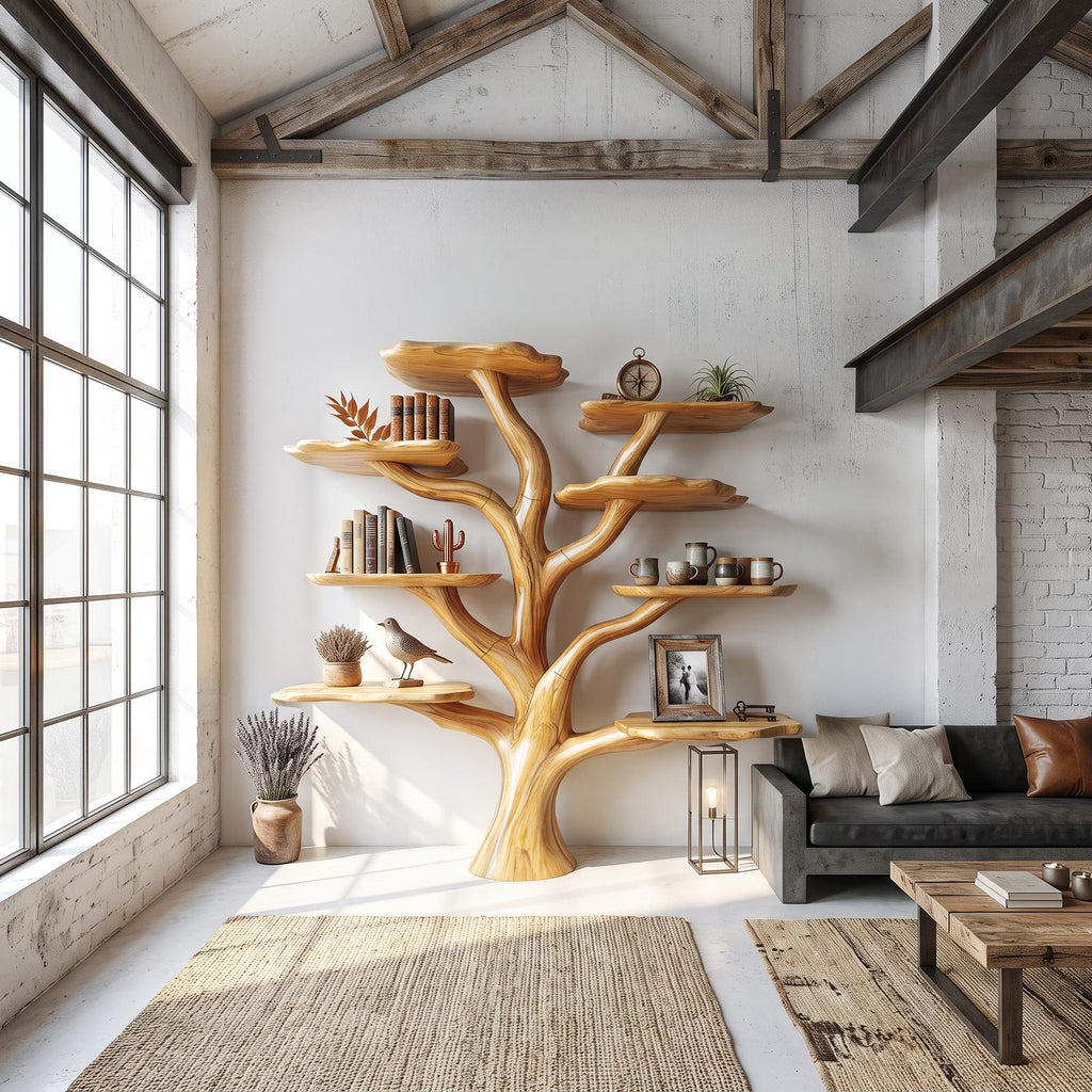 Rustic Mushroom Branch Bookshelf, Solid Wood Wall Mounted Bookcase & Floating Display Shelf for Living Room or Dining Room