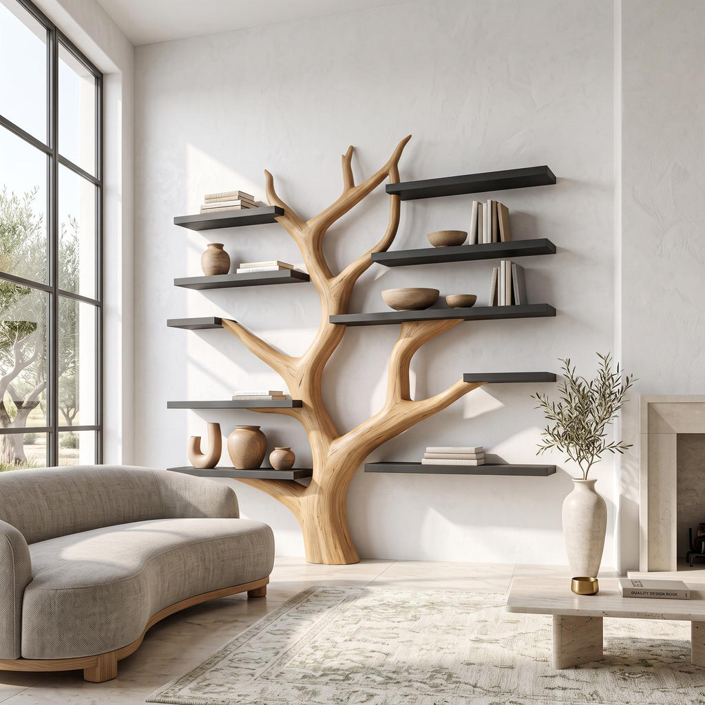 Rustic Tree Bookshelf, Solid Wood Wall Mounted Bookcase & Cozy Floating Storage Shelf for Bedroom or Living Room Decor