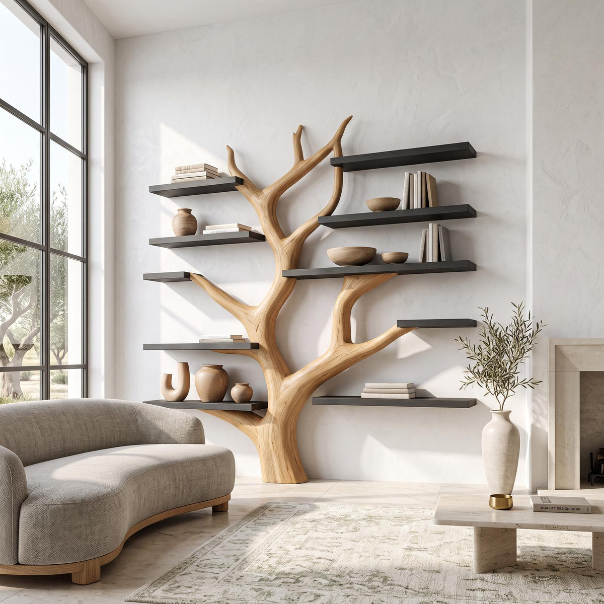 Rustic Tree Bookshelf, Solid Wood Wall Mounted Bookcase & Cozy Floating Storage Shelf for Bedroom or Living Room Decor