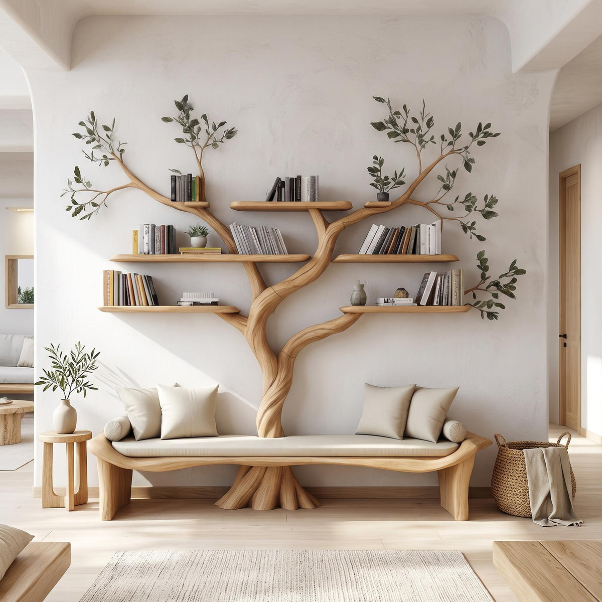 Rustic Sculptural Tree Bookshelf Bench Living Room Interior Statement Furniture