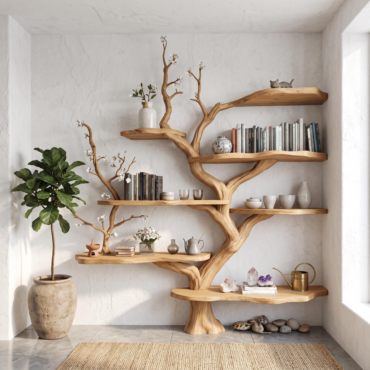 Sculptural Branch Bookcase, Solid Wood Tree Display Shelf for Living Room Interior Alcove Wall Decor