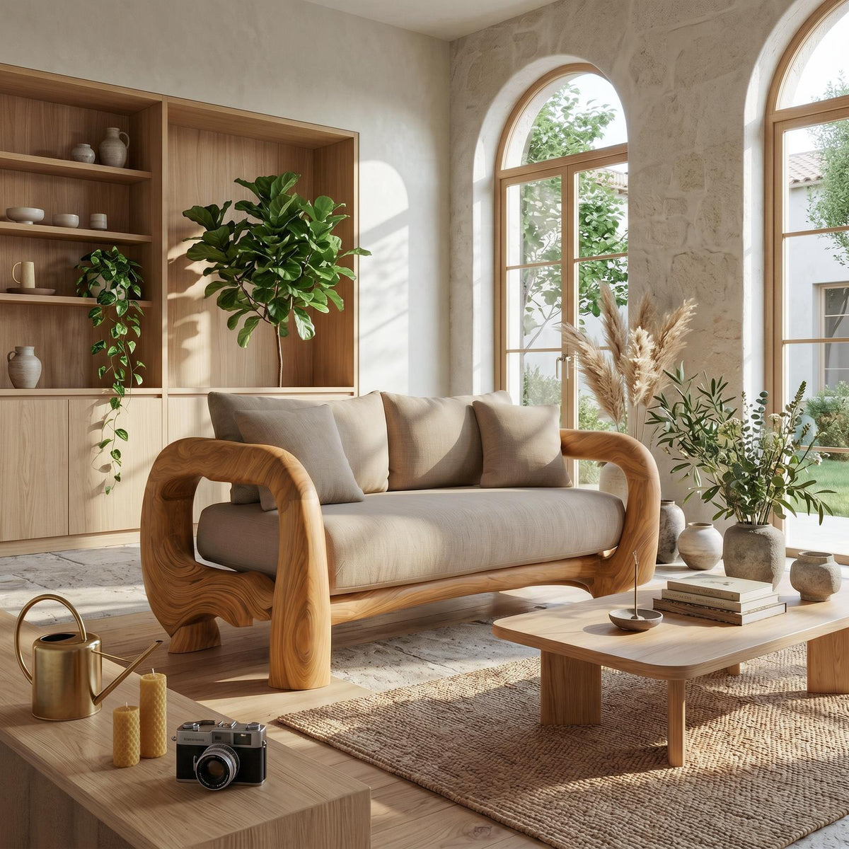 Contemporary Lounge Sofa Frame With Sculptural Wooden Base For Living Room