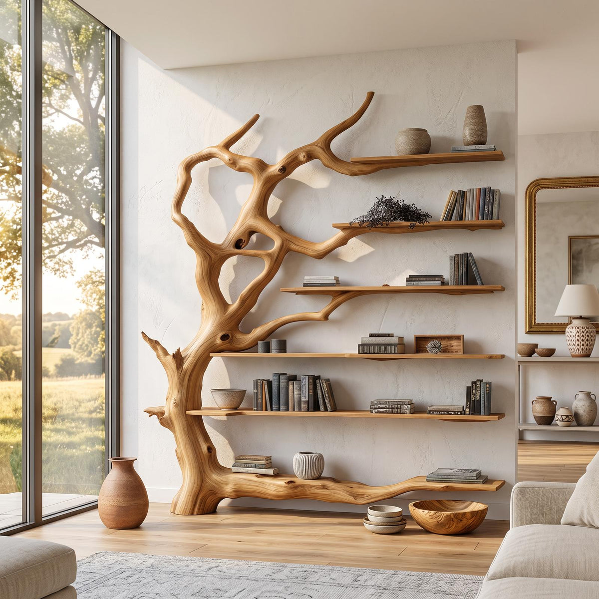 Wall Mounted Rustic Tree Bookcase Floating Shelf For Living Room Decor & Gift