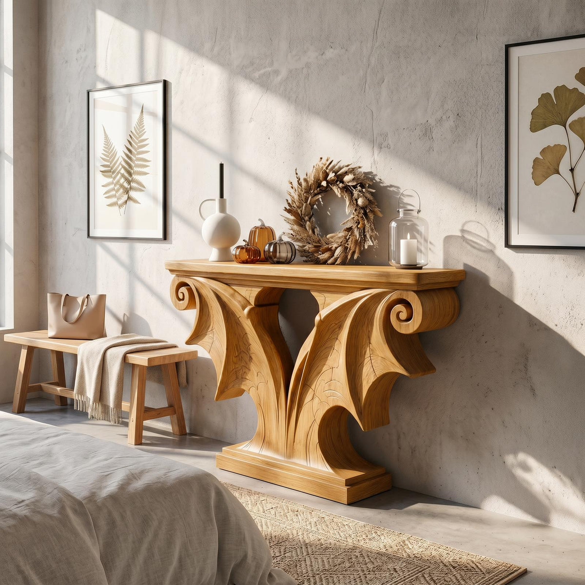 Rustic Halloween Console Table With Sculptural Bat Wing Design For Entryway And Living Room