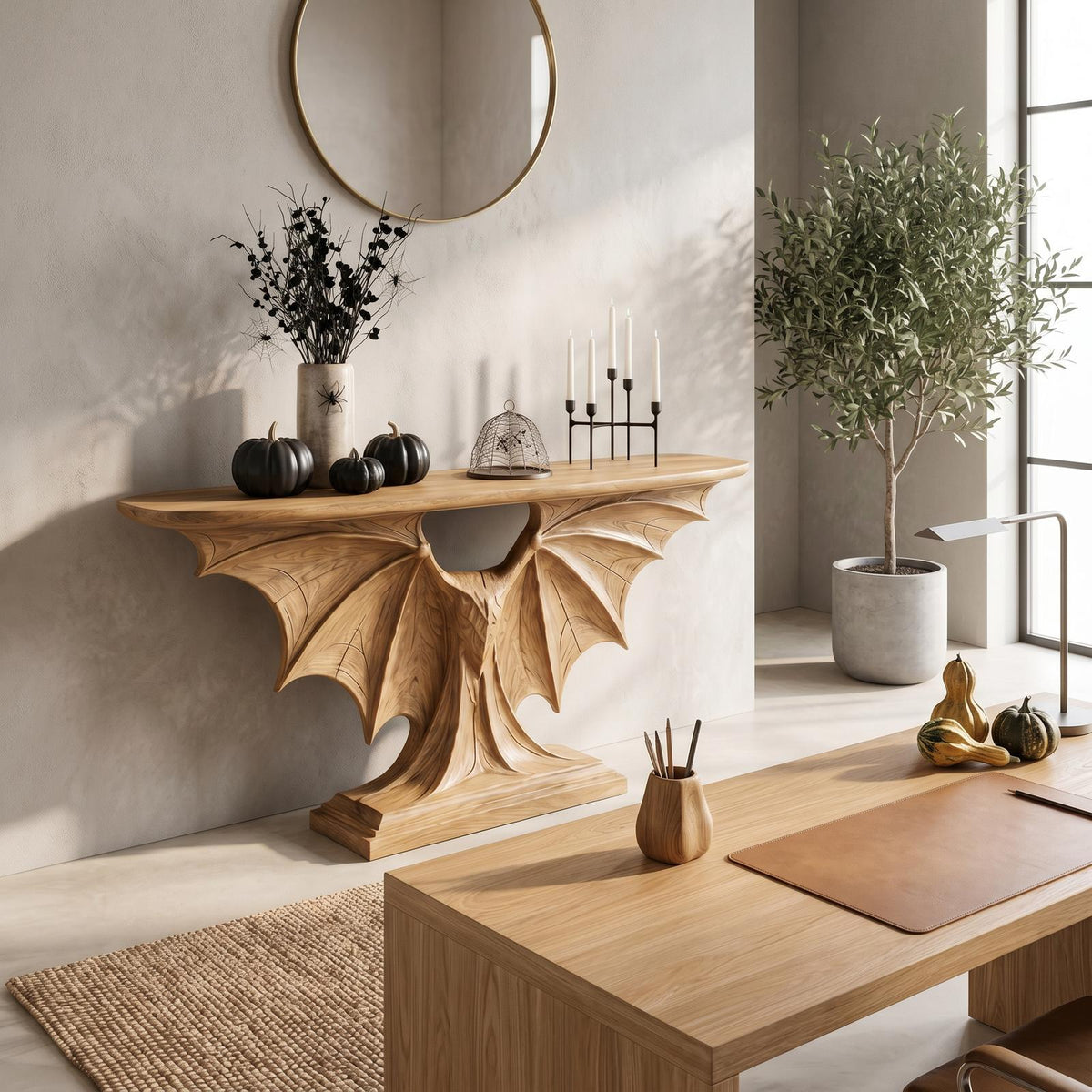 Modern Halloween Console Table With Sculptural Bat Wing Design For Living Room And Entryway