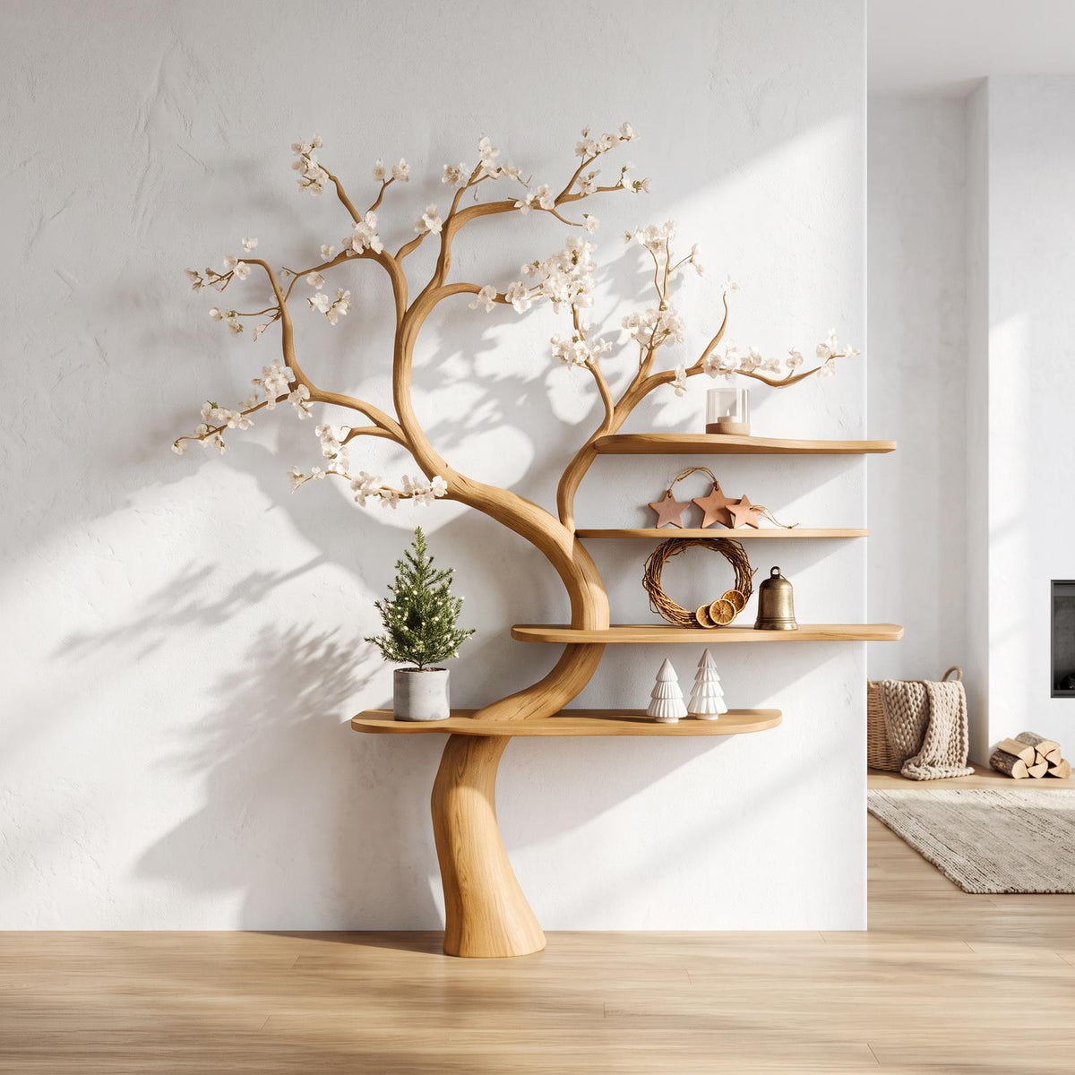 Rustic Natural Tree Bookshelf, Handcrafted Solid Wood Branch Shelving Unit, Artistic Decorative Storage for Living Room