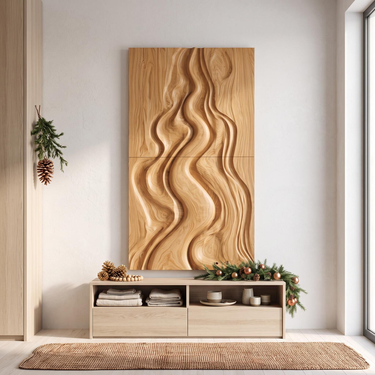 Natural Christmas Abstract Wall Decor With Fluid Carved Design For Bedroom