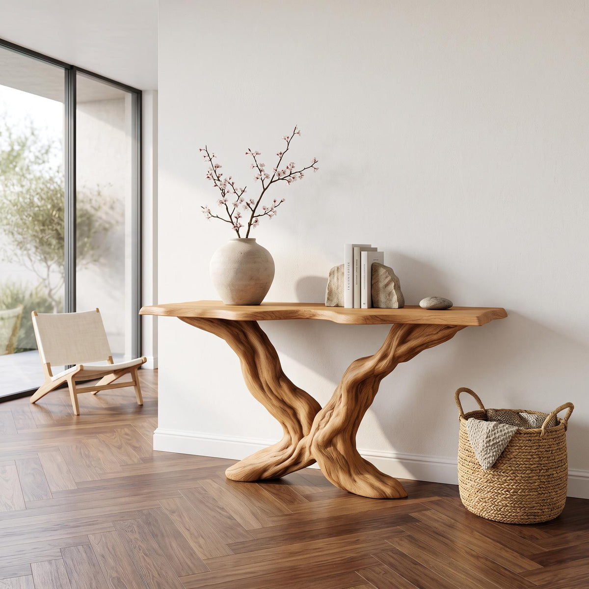Rustic Sculptural Wood Console Table, Living Room & Entryway Handcrafted Solid Wood Accent Sofa Table, Model