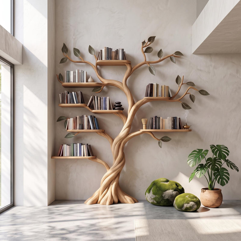 Rustic Tree Bookshelf, Solid Wood Wall Mounted Bookcase & Artistic Hanging Display Organizer for Modern Living Room