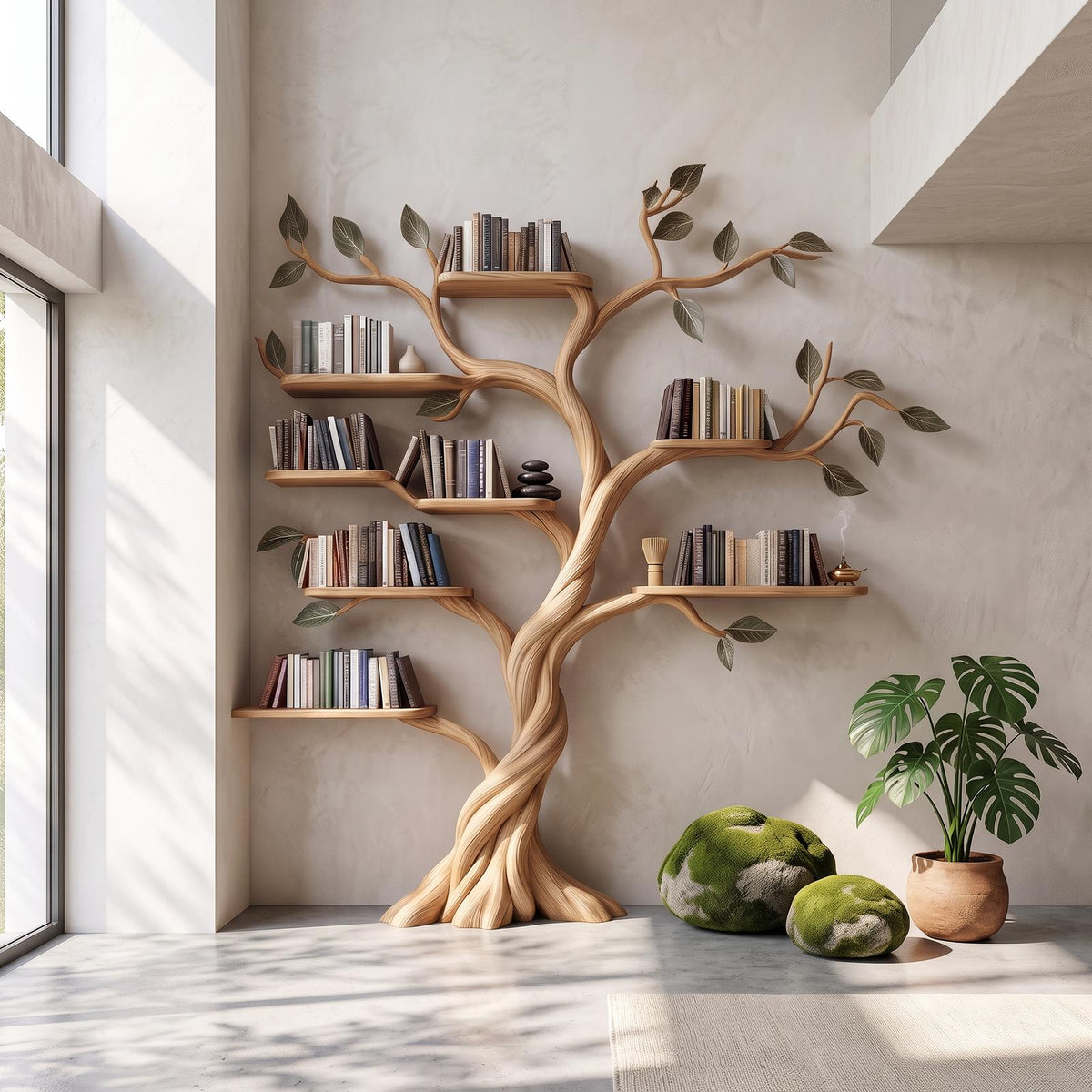 Rustic Tree Bookshelf, Solid Wood Wall Mounted Bookcase & Artistic Hanging Display Organizer for Modern Living Room