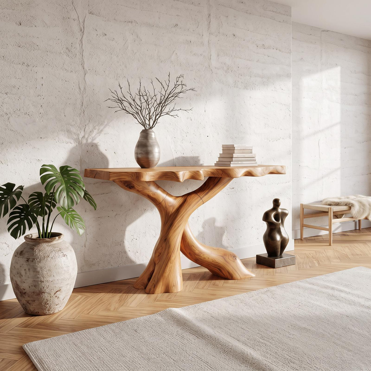 Mid Century Modern Console Table, Carved Solid Wood X-Base, Handcrafted Entryway & Foyer Accent Table
