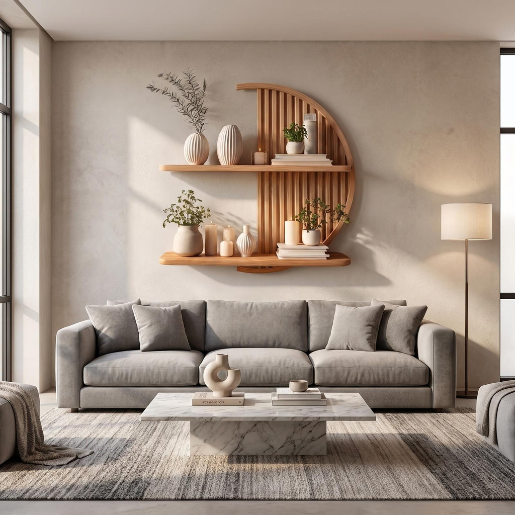 Minimalist Circle Round Floating Shelf Solid Wood For Living Room Wall Art