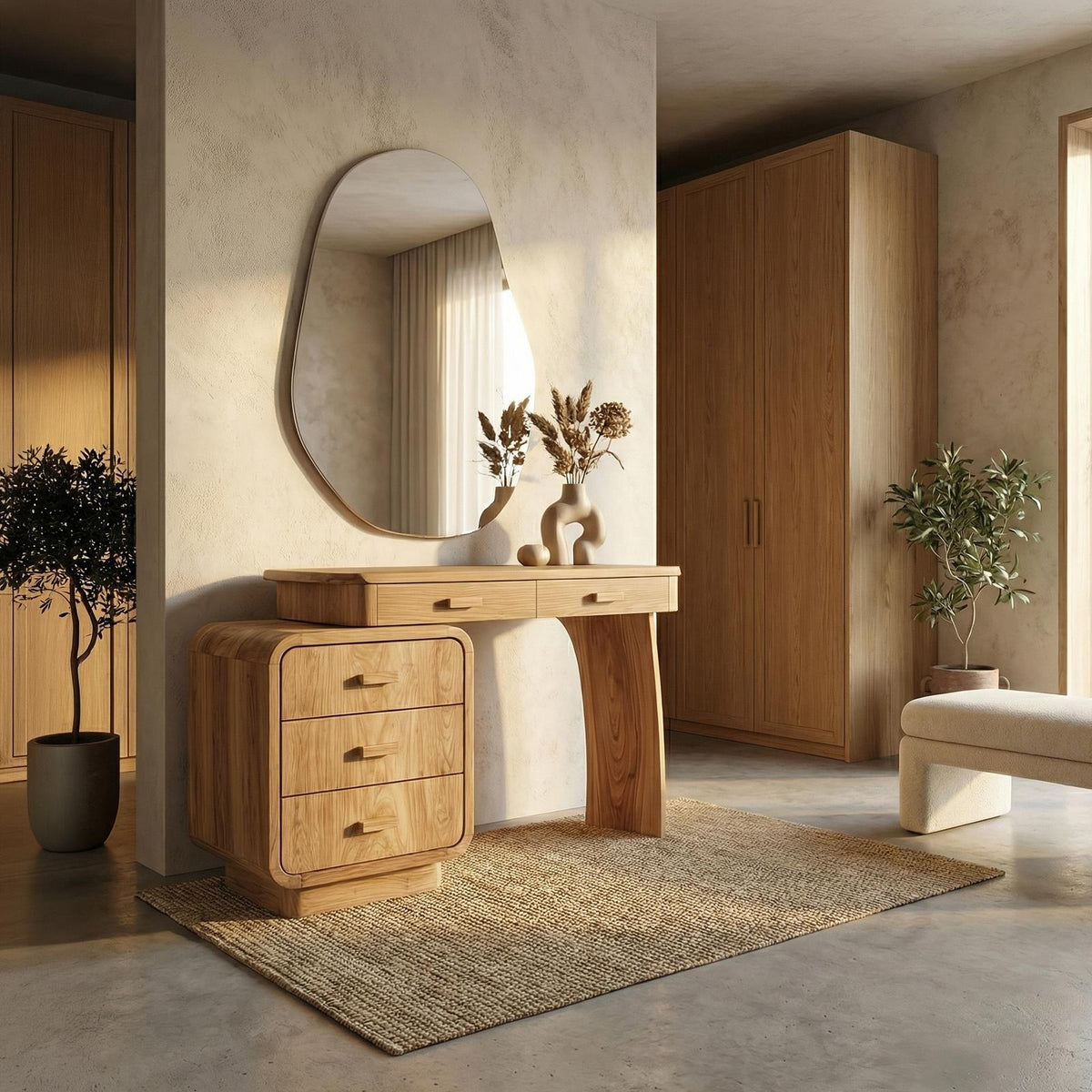 Spry Interior Minimalist Vanity Dressing Table with Storage Cabinet, Solid Wood Curved Sculptural Bedroom Makeup Desk, SINLSABDT054