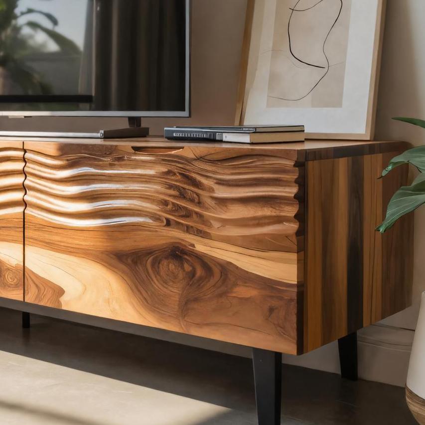 Modern Organic Wooden Sideboard, Wavy Front Solid Wood Buffet Cabinet, Artistic Credenza for Living Room