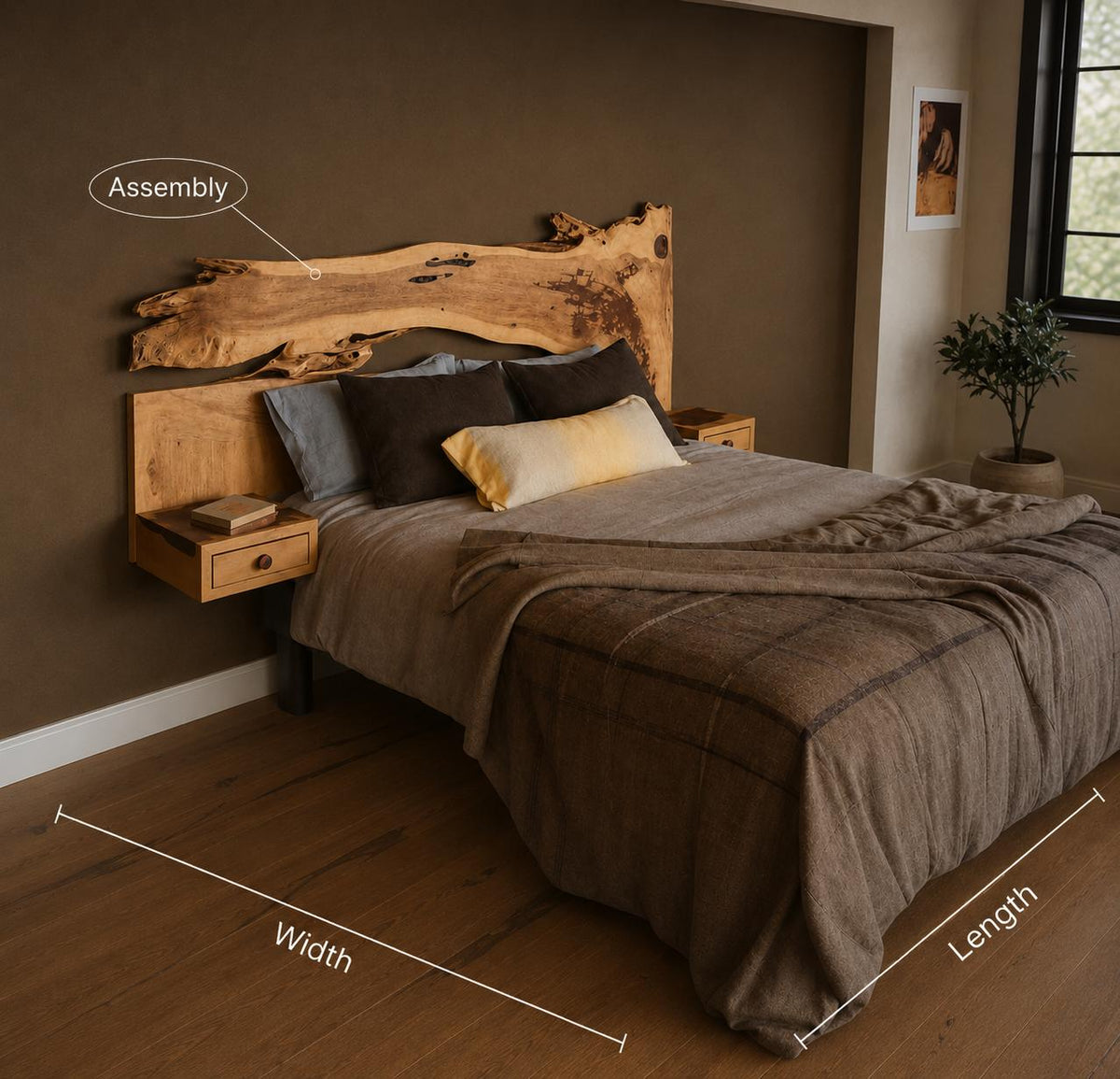 Unique Live Edge Bed Frame And Headboard With Shelf For Bedroom