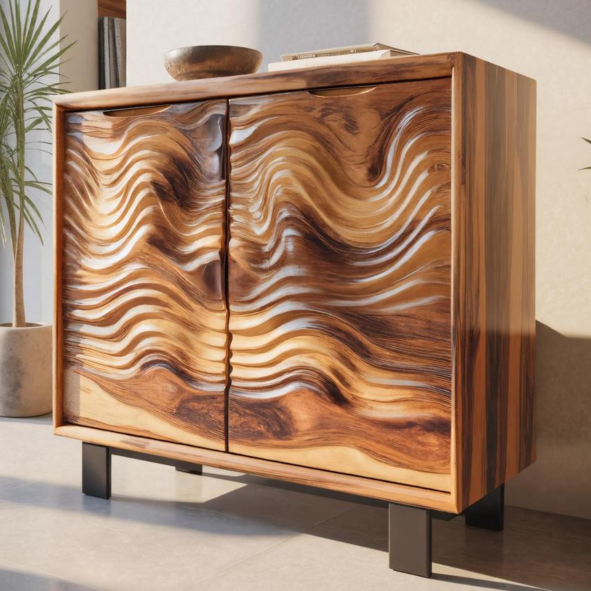 Modern Wavy Front Wooden Cabinet, Artistic Solid Wood Sideboard & Buffet Credenza for Entryway & Living Room