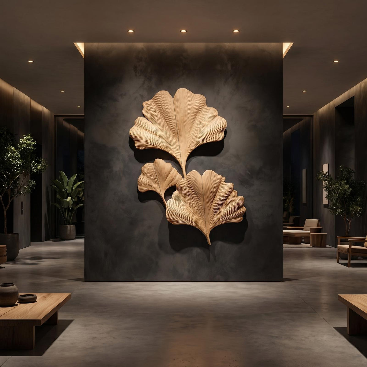 Spry Interior Sculptural Ginkgo Leaf Wood Wall Art, Handcrafted Abstract Botanical Wooden Sculpture for Living Room & Bedroom, SINLHAWD066