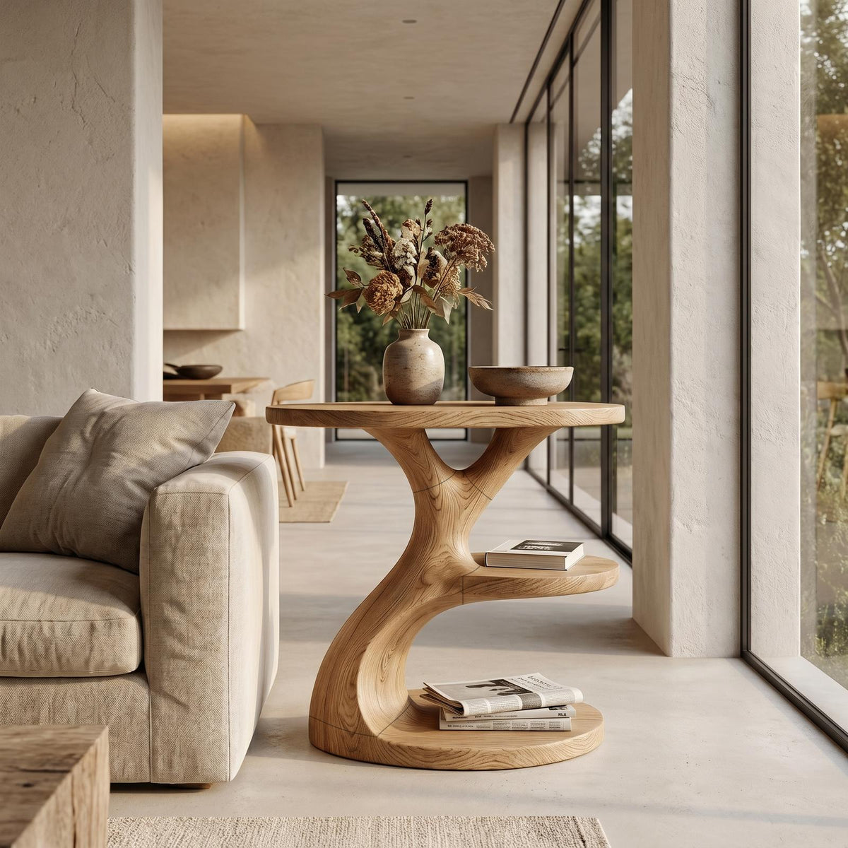 Modern Organic Side Table, Multi-Level Solid Wood End Table & Nightstand for Living Room & Bedroom