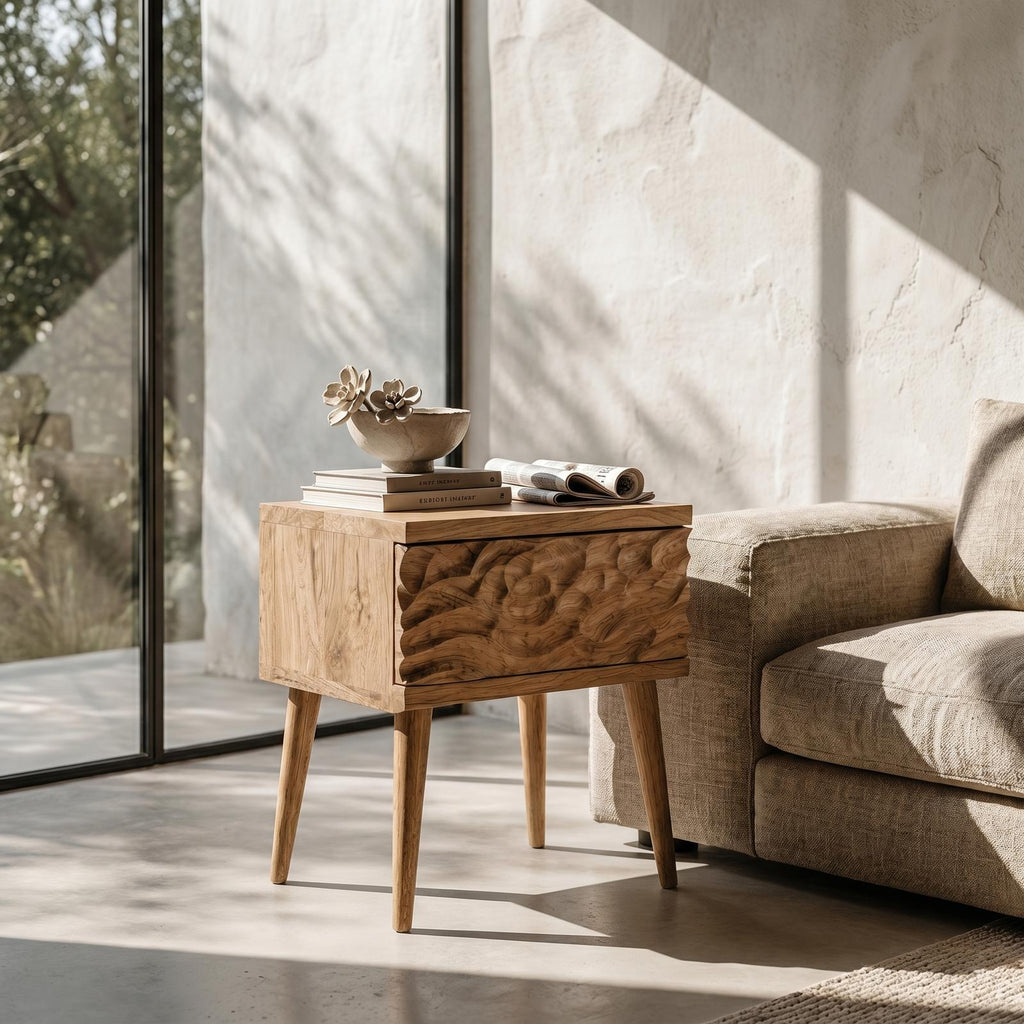 Mid-Century Modern Side Table, Carved Wood Drawer End Table & Bedside Nightstand for Bedroom