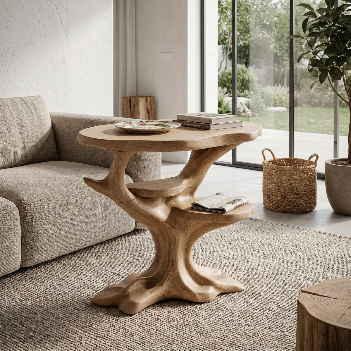 Organic Sculptural Side Table, Solid Wood Display End Table & Nightstand for Living Room and Bedroom