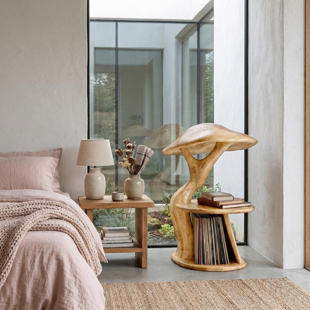 Spry Interior Organic Mushroom Nightstand, Sculptural Solid Wood End Table with Record Vinyl Storage for Bedside, SINLHABT259