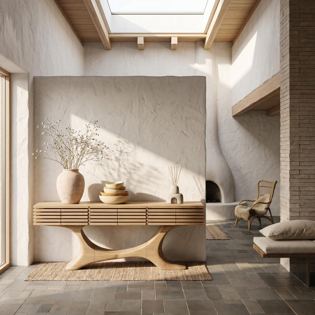 Contemporary Console Table With Curved Tree Trunk Base And Built In Storage Drawers For Living Room