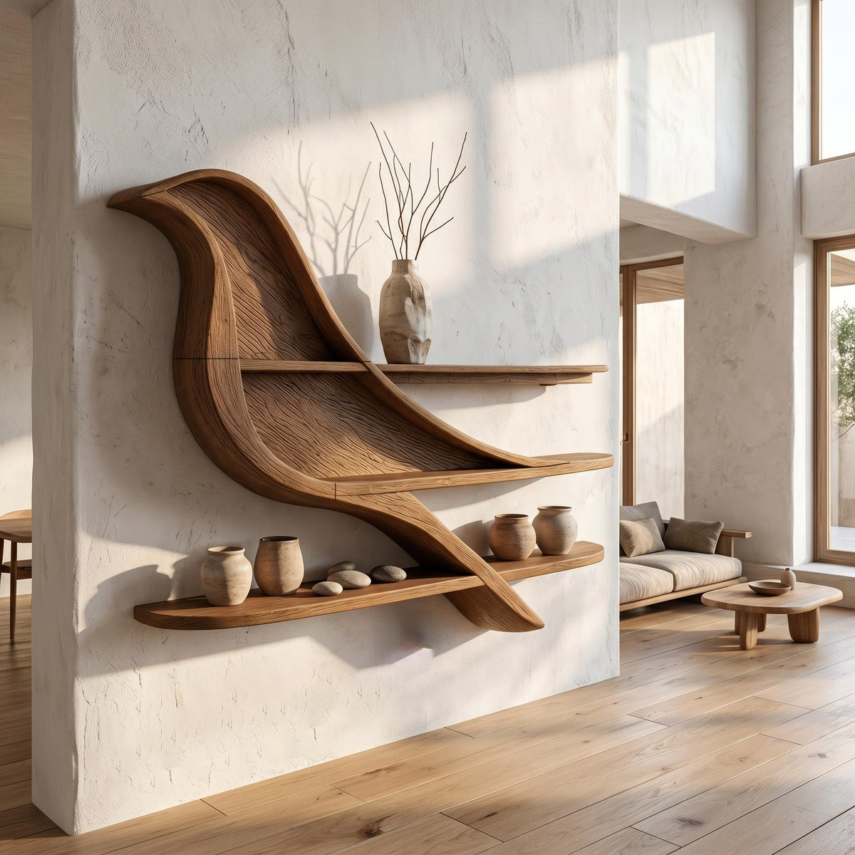Organic Wave Bookshelf With Sculptural Wall Mounted Shelves For Living Room