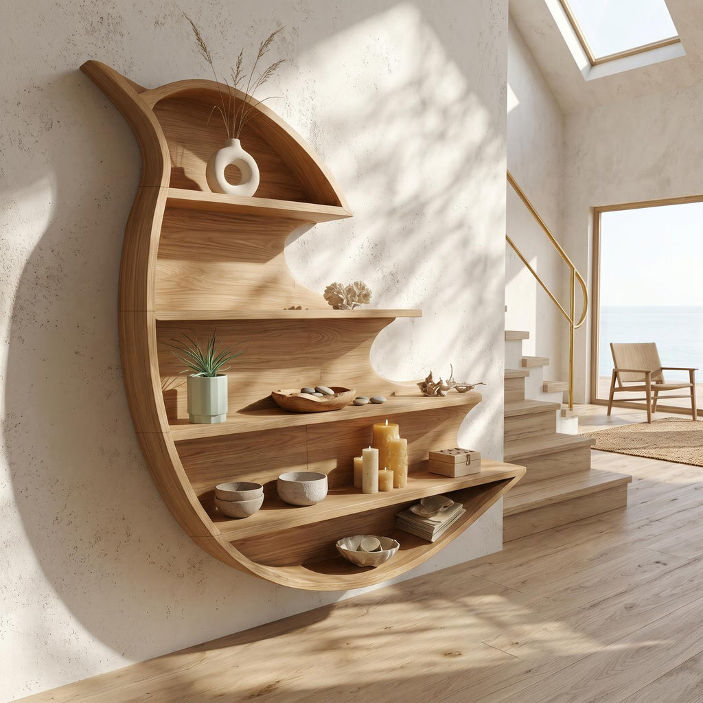 Artistic Wave Bookcase With Wall Mounted Display Storage For Entryway SINLHABS047